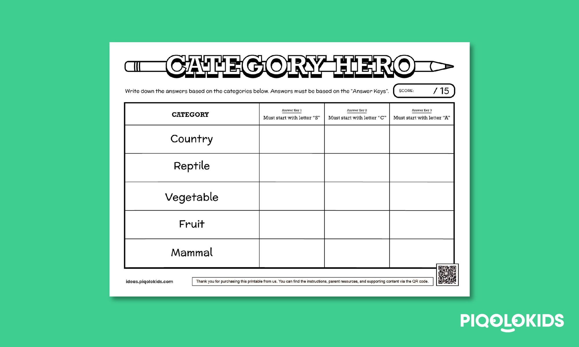 Category Hero: Printable General Knowledge Game for 7 to 9 Year Olds