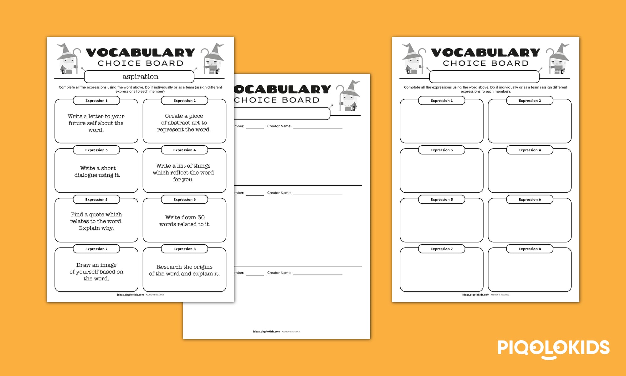 Vocabulary Choice Board: Aspiration